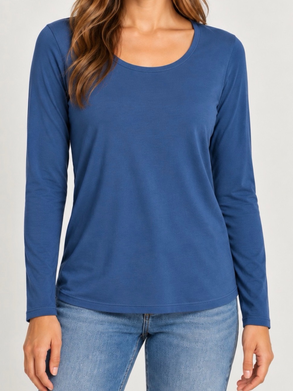 Peruvian Connection Pima Cotton Long Sleeve Scoop Neck Top Blue Size Large